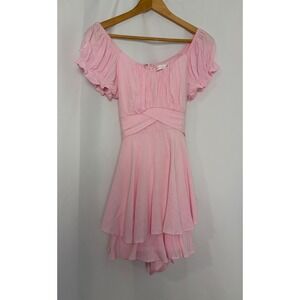 Altar'd State Pink Tiered Romper Dress Puff Sleeve Tie Back Size L Cottage Girly
